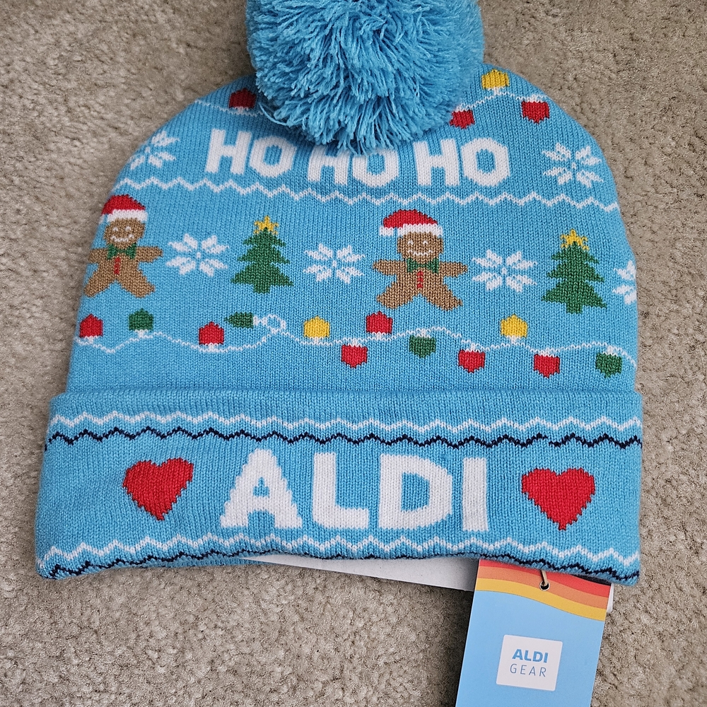 Festive Blue and Red Knit Beanie with Pom-Pom